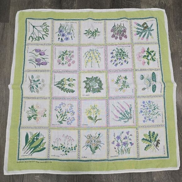 Vintage Small Square Tablecloth Flowers Of Sweden M.M. Dahlin Sverige-Blomster - Picture 1 of 8